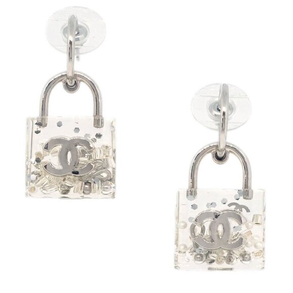 Chanel Dangle Piercing Earrings Silver Padlock 14K 195608 - Picture 1 of 4
